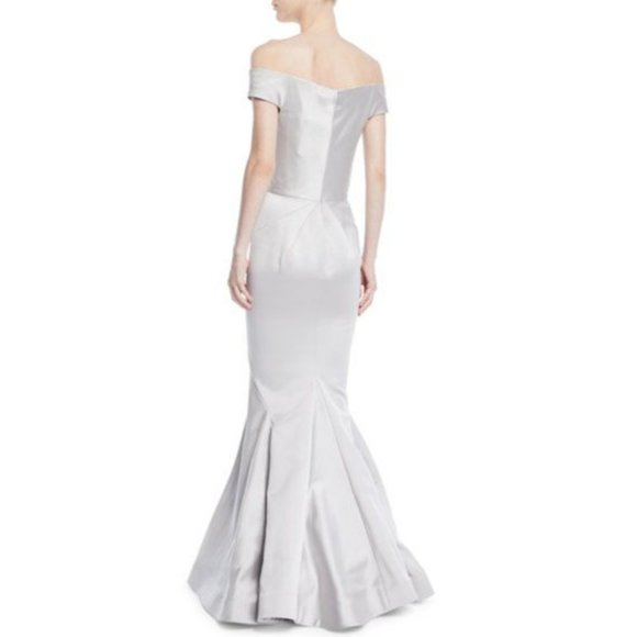 NWT $4K ZAC POSEN OFF THE SHOULDER DOVE GRAY DUCHESS SATIN MERMAID GOWN SIZE 4 - Picture 2 of 5